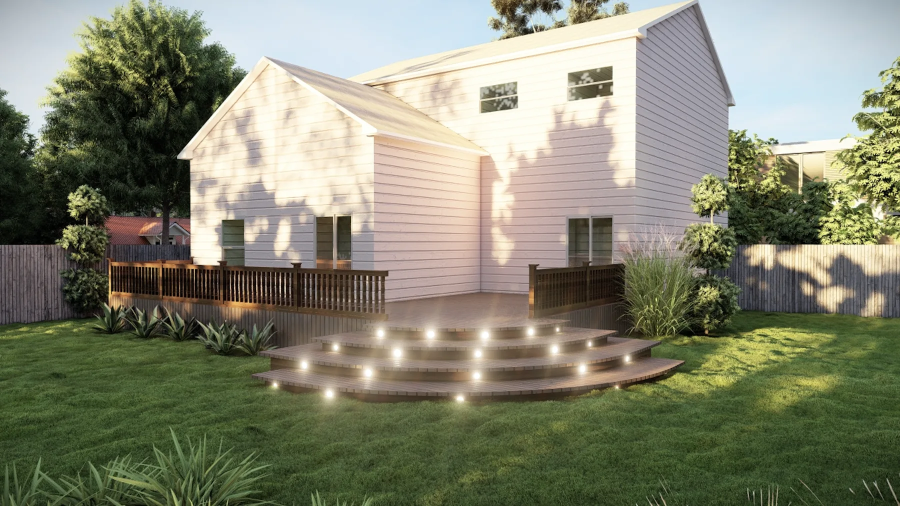 Photo-realistic 3D exterior render of a home with a lit backyard deck by Flat Arq