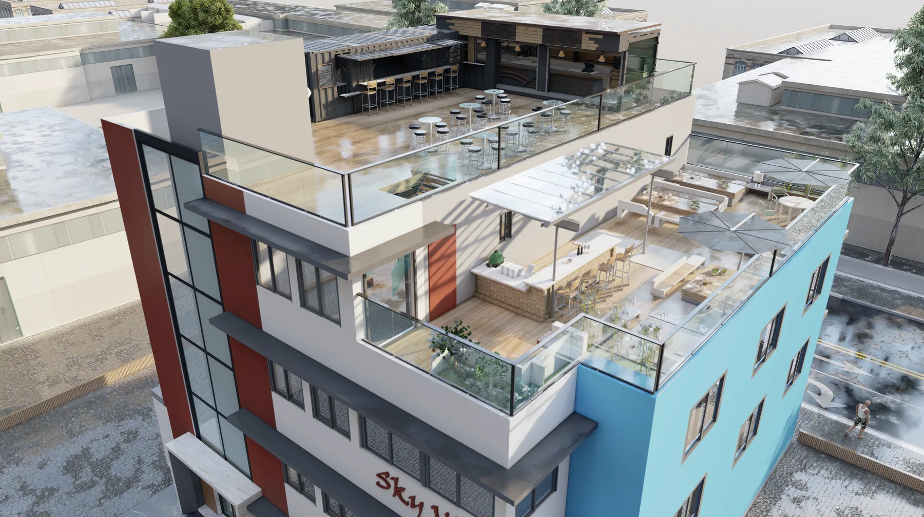 Aerial 3D render of a modern building design with roof decks