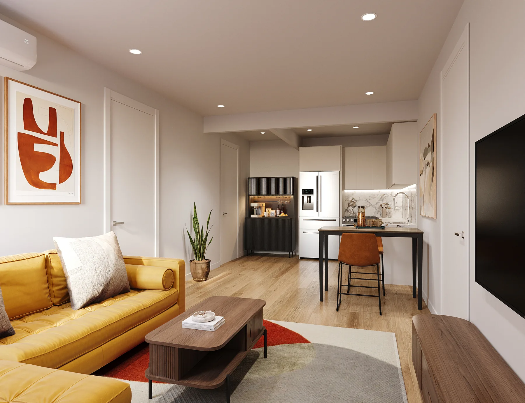 3D interior render of an open living room and kitchen concept