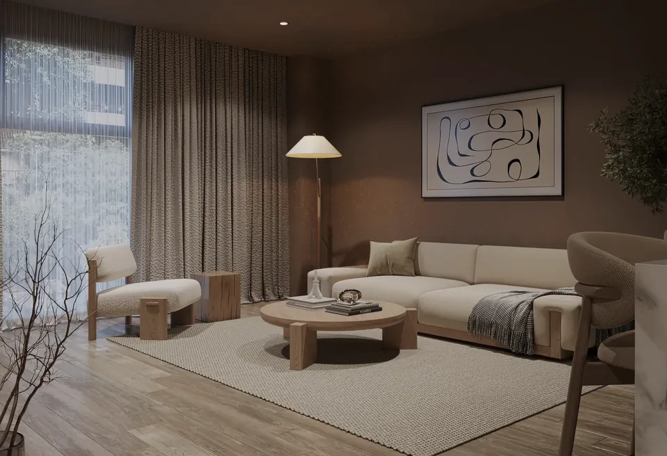 3D interior model render of a neutral living room concept