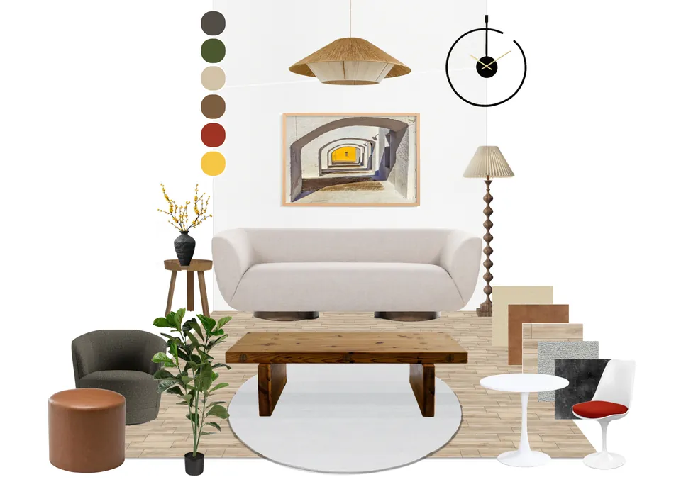 Semi 3D mood board of the lounge seating area with white sofa and wood tables