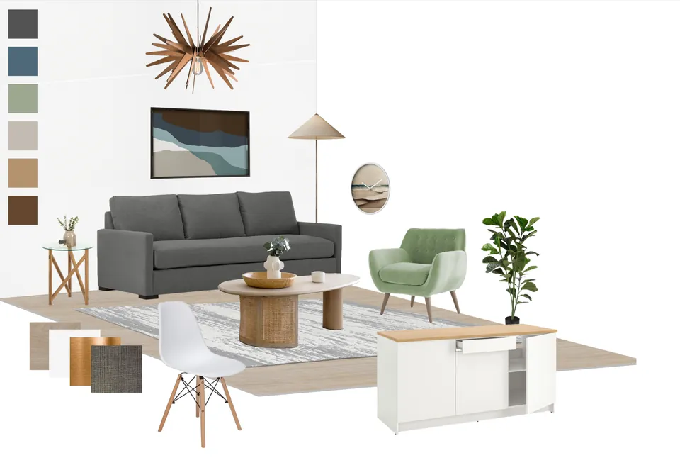 Semi 3D mood board of the Bowery Mission resident lounge with kitchen and green accent chairs
